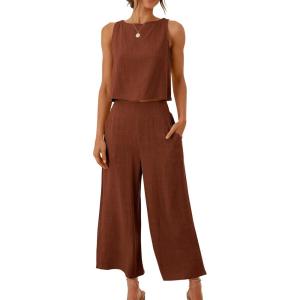 image:imageANRABESS Womens Summer 2 Piece Outfits Sleeveless Crop Top Capri Wide Leg Pants Jumpsuit Linen Lounge Beach Travel SetsBrown