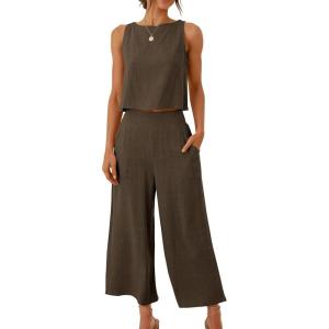 image:imageANRABESS Womens Summer 2 Piece Outfits Sleeveless Crop Top Capri Wide Leg Pants Jumpsuit Linen Lounge Beach Travel SetsCoffee