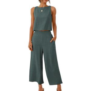 image:imageANRABESS Womens Summer 2 Piece Outfits Sleeveless Crop Top Capri Wide Leg Pants Jumpsuit Linen Lounge Beach Travel SetsDark Gray