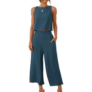 image:imageANRABESS Womens Summer 2 Piece Outfits Sleeveless Crop Top Capri Wide Leg Pants Jumpsuit Linen Lounge Beach Travel SetsDeep Blue