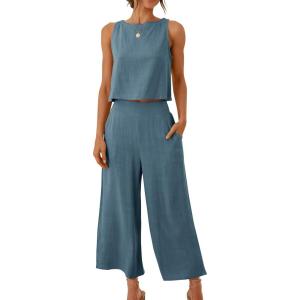 image:imageANRABESS Womens Summer 2 Piece Outfits Sleeveless Crop Top Capri Wide Leg Pants Jumpsuit Linen Lounge Beach Travel SetsGray Blue