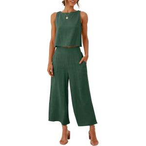 image:imageANRABESS Womens Summer 2 Piece Outfits Sleeveless Crop Top Capri Wide Leg Pants Jumpsuit Linen Lounge Beach Travel SetsGreen