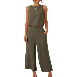 image:imageANRABESS Womens Summer 2 Piece Outfits Sleeveless Crop Top Capri Wide Leg Pants Jumpsuit Linen Lounge Beach Travel SetsGrey Green