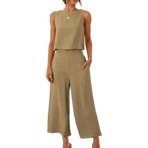 image:imageANRABESS Womens Summer 2 Piece Outfits Sleeveless Crop Top Capri Wide Leg Pants Jumpsuit Linen Lounge Beach Travel SetsKhaki