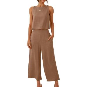 image:imageANRABESS Womens Summer 2 Piece Outfits Sleeveless Crop Top Capri Wide Leg Pants Jumpsuit Linen Lounge Beach Travel SetsLight Brown