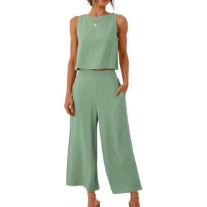 image:imageANRABESS Womens Summer 2 Piece Outfits Sleeveless Crop Top Capri Wide Leg Pants Jumpsuit Linen Lounge Beach Travel SetsLight Green