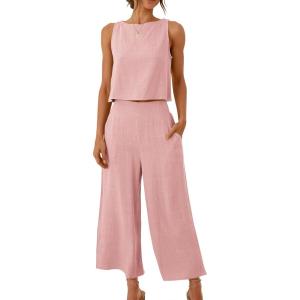 image:imageANRABESS Womens Summer 2 Piece Outfits Sleeveless Crop Top Capri Wide Leg Pants Jumpsuit Linen Lounge Beach Travel SetsLight Pink