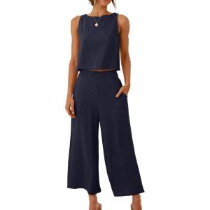 image:imageANRABESS Womens Summer 2 Piece Outfits Sleeveless Crop Top Capri Wide Leg Pants Jumpsuit Linen Lounge Beach Travel SetsNavy Blue