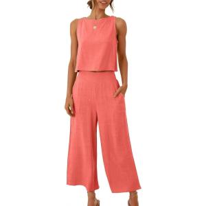 image:imageANRABESS Womens Summer 2 Piece Outfits Sleeveless Crop Top Capri Wide Leg Pants Jumpsuit Linen Lounge Beach Travel SetsPeach