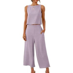 image:imageANRABESS Womens Summer 2 Piece Outfits Sleeveless Crop Top Capri Wide Leg Pants Jumpsuit Linen Lounge Beach Travel SetsPurple