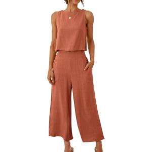 image:imageANRABESS Womens Summer 2 Piece Outfits Sleeveless Crop Top Capri Wide Leg Pants Jumpsuit Linen Lounge Beach Travel SetsRust
