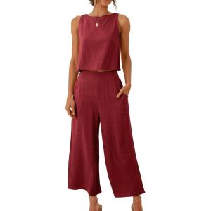 image:imageANRABESS Womens Summer 2 Piece Outfits Sleeveless Crop Top Capri Wide Leg Pants Jumpsuit Linen Lounge Beach Travel SetsWine Red