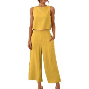 image:imageANRABESS Womens Summer 2 Piece Outfits Sleeveless Crop Top Capri Wide Leg Pants Jumpsuit Linen Lounge Beach Travel SetsYellow