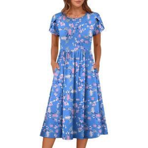 image:imageANRABESS Womens Summer Short Sleeve ALine Midi Dresses Casual Floral TShirt Dresses Flowy Beach Sundress with PocketsBlue Pink Flower