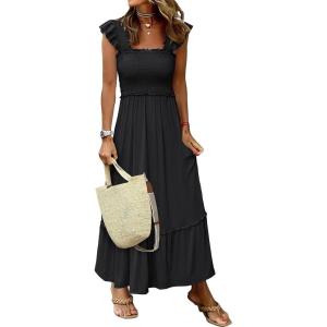 image:imageANRABESS Womens Summer Sleeveless Maxi Dress Square Neck Smocked Boho Casual Ruffle Strap Flowy ALine Long Beach SundressBlack