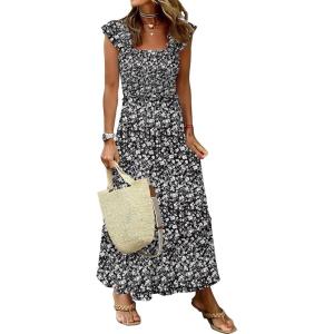 image:imageANRABESS Womens Summer Sleeveless Maxi Dress Square Neck Smocked Boho Casual Ruffle Strap Flowy ALine Long Beach SundressBlack Floral