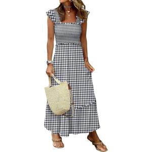 image:imageANRABESS Womens Summer Sleeveless Maxi Dress Square Neck Smocked Boho Casual Ruffle Strap Flowy ALine Long Beach SundressBlack Plaid