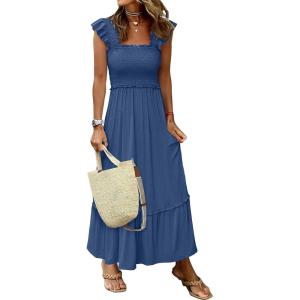 image:imageANRABESS Womens Summer Sleeveless Maxi Dress Square Neck Smocked Boho Casual Ruffle Strap Flowy ALine Long Beach SundressBlue