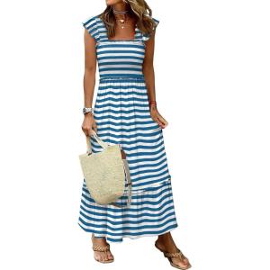 image:imageANRABESS Womens Summer Sleeveless Maxi Dress Square Neck Smocked Boho Casual Ruffle Strap Flowy ALine Long Beach SundressBlue White Stripes