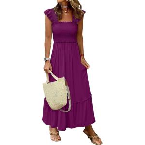 image:imageANRABESS Womens Summer Sleeveless Maxi Dress Square Neck Smocked Boho Casual Ruffle Strap Flowy ALine Long Beach SundressDark Purple