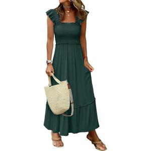 image:imageANRABESS Womens Summer Sleeveless Maxi Dress Square Neck Smocked Boho Casual Ruffle Strap Flowy ALine Long Beach SundressDeep Green