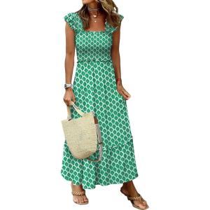 image:imageANRABESS Womens Summer Sleeveless Maxi Dress Square Neck Smocked Boho Casual Ruffle Strap Flowy ALine Long Beach SundressGreen Floral