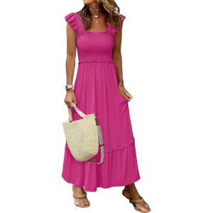 image:imageANRABESS Womens Summer Sleeveless Maxi Dress Square Neck Smocked Boho Casual Ruffle Strap Flowy ALine Long Beach SundressHot Pink