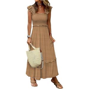 image:imageANRABESS Womens Summer Sleeveless Maxi Dress Square Neck Smocked Boho Casual Ruffle Strap Flowy ALine Long Beach SundressKhaki Plaid