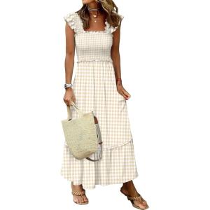 image:imageANRABESS Womens Summer Sleeveless Maxi Dress Square Neck Smocked Boho Casual Ruffle Strap Flowy ALine Long Beach SundressKhaki Plaid Beige