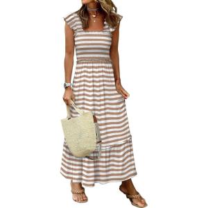 image:imageANRABESS Womens Summer Sleeveless Maxi Dress Square Neck Smocked Boho Casual Ruffle Strap Flowy ALine Long Beach SundressKhaki White Stripes