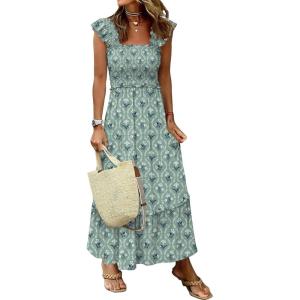 image:imageANRABESS Womens Summer Sleeveless Maxi Dress Square Neck Smocked Boho Casual Ruffle Strap Flowy ALine Long Beach SundressLight Green White Floral