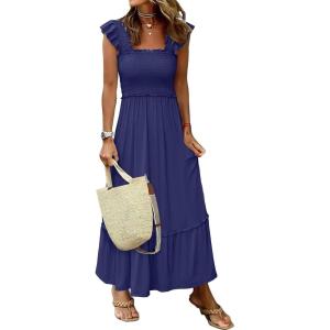 image:imageANRABESS Womens Summer Sleeveless Maxi Dress Square Neck Smocked Boho Casual Ruffle Strap Flowy ALine Long Beach SundressNavy Blue