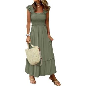 image:imageANRABESS Womens Summer Sleeveless Maxi Dress Square Neck Smocked Boho Casual Ruffle Strap Flowy ALine Long Beach SundressOlive
