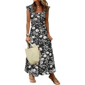 image:imageANRABESS Womens Summer Sleeveless Maxi Dress Square Neck Smocked Boho Casual Ruffle Strap Flowy ALine Long Beach SundressPrint Black Floral