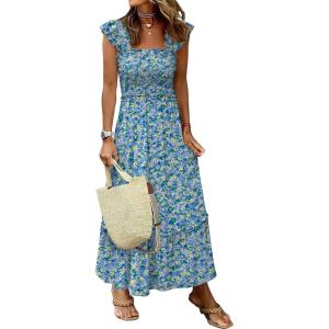image:imageANRABESS Womens Summer Sleeveless Maxi Dress Square Neck Smocked Boho Casual Ruffle Strap Flowy ALine Long Beach SundressPrint Blue Yellow Floral