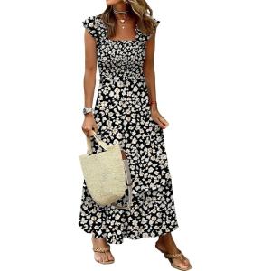 image:imageANRABESS Womens Summer Sleeveless Maxi Dress Square Neck Smocked Boho Casual Ruffle Strap Flowy ALine Long Beach SundressPrint Floral Black