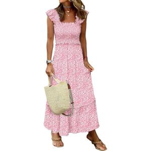 image:imageANRABESS Womens Summer Sleeveless Maxi Dress Square Neck Smocked Boho Casual Ruffle Strap Flowy ALine Long Beach SundressPrint Floral Pink