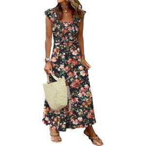 image:imageANRABESS Womens Summer Sleeveless Maxi Dress Square Neck Smocked Boho Casual Ruffle Strap Flowy ALine Long Beach SundressPrint Orange Floral