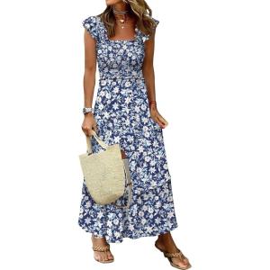 image:imageANRABESS Womens Summer Sleeveless Maxi Dress Square Neck Smocked Boho Casual Ruffle Strap Flowy ALine Long Beach SundressPrint White Floral