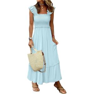 image:imageANRABESS Womens Summer Sleeveless Maxi Dress Square Neck Smocked Boho Casual Ruffle Strap Flowy ALine Long Beach SundressSky Blue