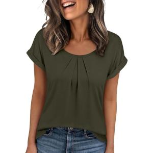 image:imageANRABESS Womens T Shirts Pleated amp Short Sleeve Summer Tops Business Casual Dressy Blouses 2026 Cute Fashion ClothesArmy Green