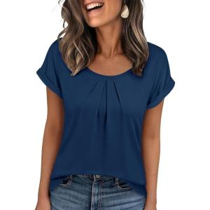 image:imageANRABESS Womens T Shirts Pleated amp Short Sleeve Summer Tops Business Casual Dressy Blouses 2026 Cute Fashion ClothesBlue