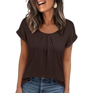 image:imageANRABESS Womens T Shirts Pleated amp Short Sleeve Summer Tops Business Casual Dressy Blouses 2026 Cute Fashion ClothesBrown