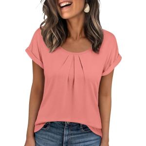 image:imageANRABESS Womens T Shirts Pleated amp Short Sleeve Summer Tops Business Casual Dressy Blouses 2026 Cute Fashion ClothesCoral Pink