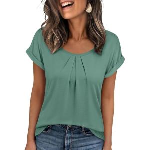 image:imageANRABESS Womens T Shirts Pleated amp Short Sleeve Summer Tops Business Casual Dressy Blouses 2026 Cute Fashion ClothesGreen