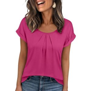 image:imageANRABESS Womens T Shirts Pleated amp Short Sleeve Summer Tops Business Casual Dressy Blouses 2026 Cute Fashion ClothesHot Pink