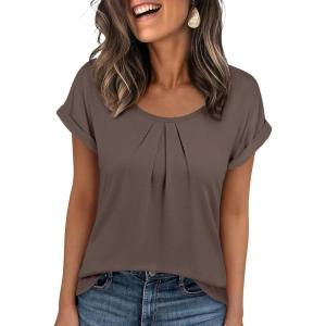 image:imageANRABESS Womens T Shirts Pleated amp Short Sleeve Summer Tops Business Casual Dressy Blouses 2026 Cute Fashion ClothesLight Brown