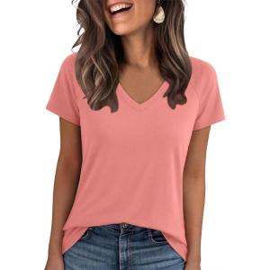 image:imageANRABESS Womens Tops Short Sleeve V Neck Shirts Summer Basic Tee Trendy Cute Tshirts 2026 Spring Casual OutfitsCoral