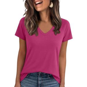 image:imageANRABESS Womens Tops Short Sleeve V Neck Shirts Summer Basic Tee Trendy Cute Tshirts 2026 Spring Casual OutfitsHot Pink