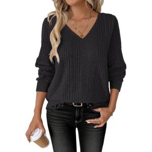 image:imageANRABESS Womens V Neck Sweaters 2025 Fall Long Sleeve Shirts Lightweight Ribbed Knit Basic Casual Office Work Tunic TopsBlack